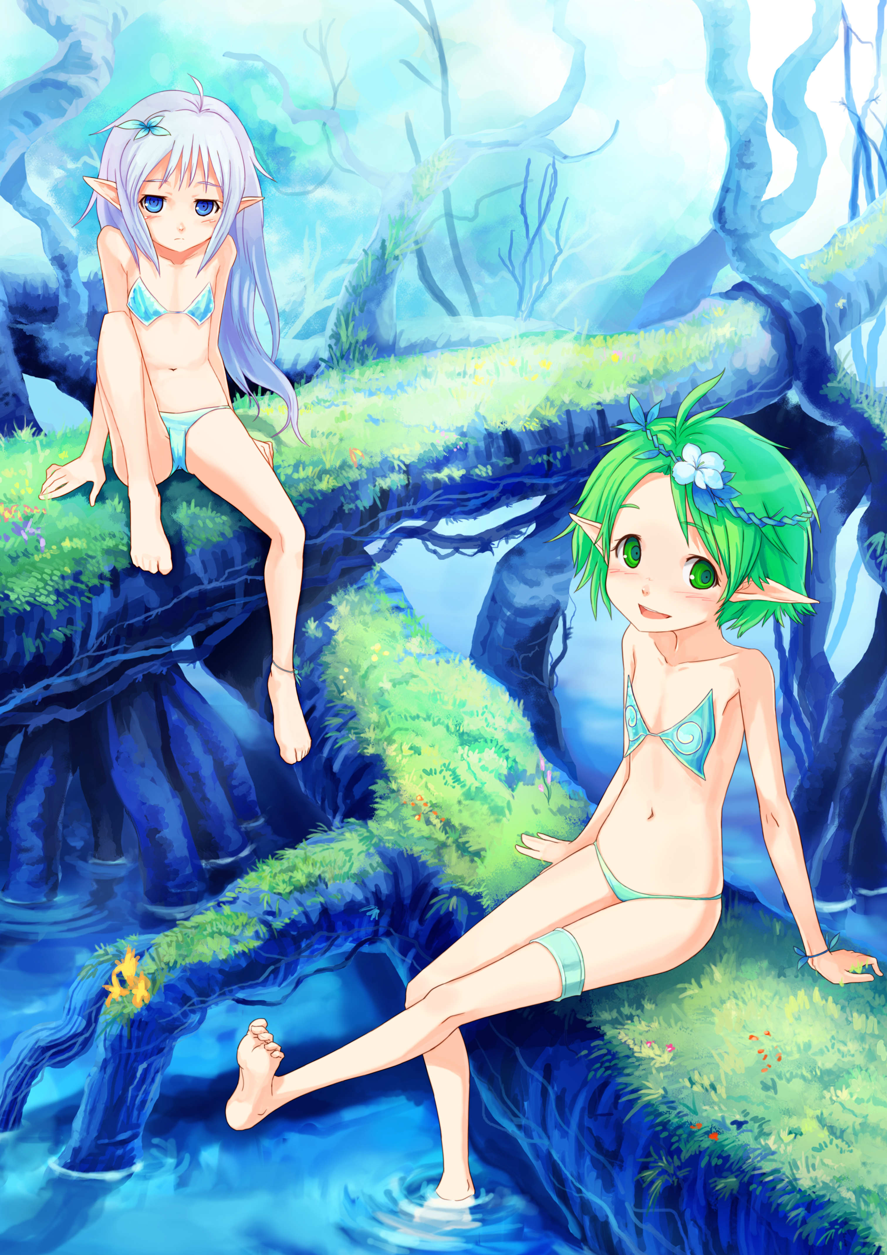 29 (artist), original, absurdres, bad id, bad pixiv id, highres, arm support, barefoot, bikini, blue eyes, child, fantasy, feet, flat chest, green eyes, green hair, long hair, nature, pointy ears, purple hair, short hair, smile, swimsuit, water