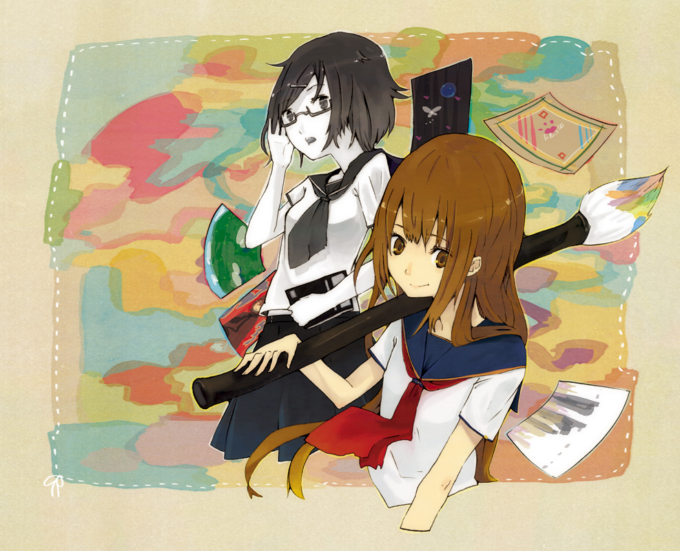 hrd, adjusting eyewear, art brush, brown eyes, brown hair, giant brush, glasses, long hair, paint, paintbrush, pale skin, school uniform, short hair