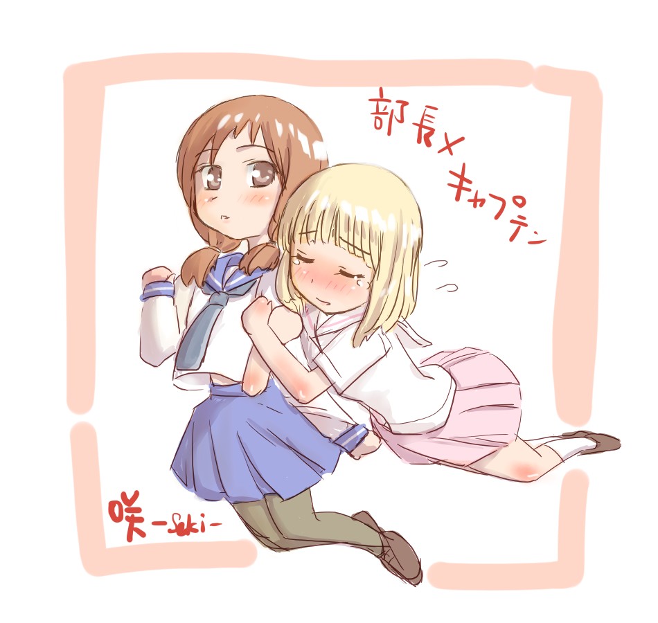 nns (pixiv5255), rackane, fukuji mihoko, takei hisa, saki (manga), 00s, 2girls, blonde hair, blush, brown eyes, closed eyes, multiple girls, pantyhose, red eyes, red hair, school uniform, serafuku, short hair, skirt, tears, twintails, yuri