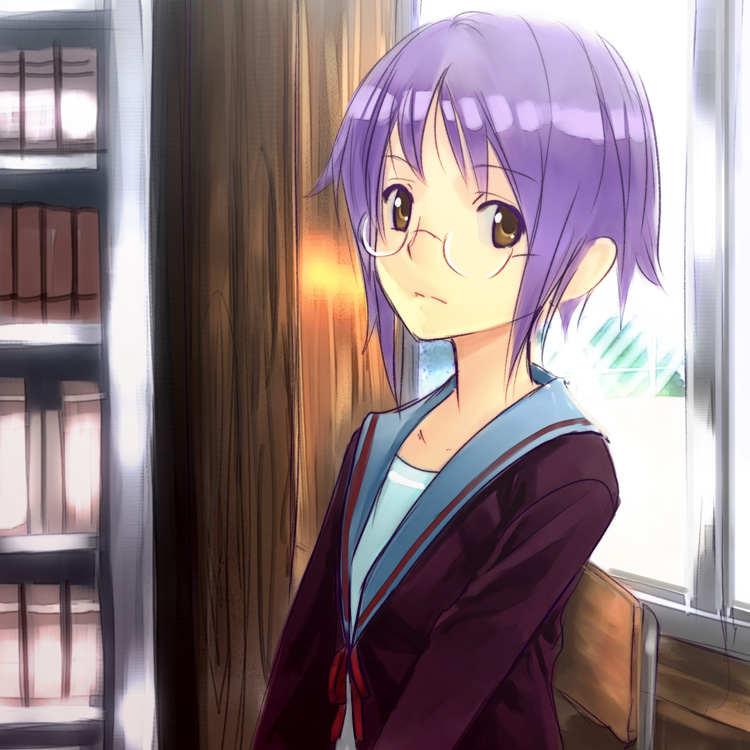 yui 7, nagato yuki, suzumiya haruhi no yuuutsu, 00s, brown eyes, cardigan, glasses, purple hair, school uniform, serafuku, short hair, solo