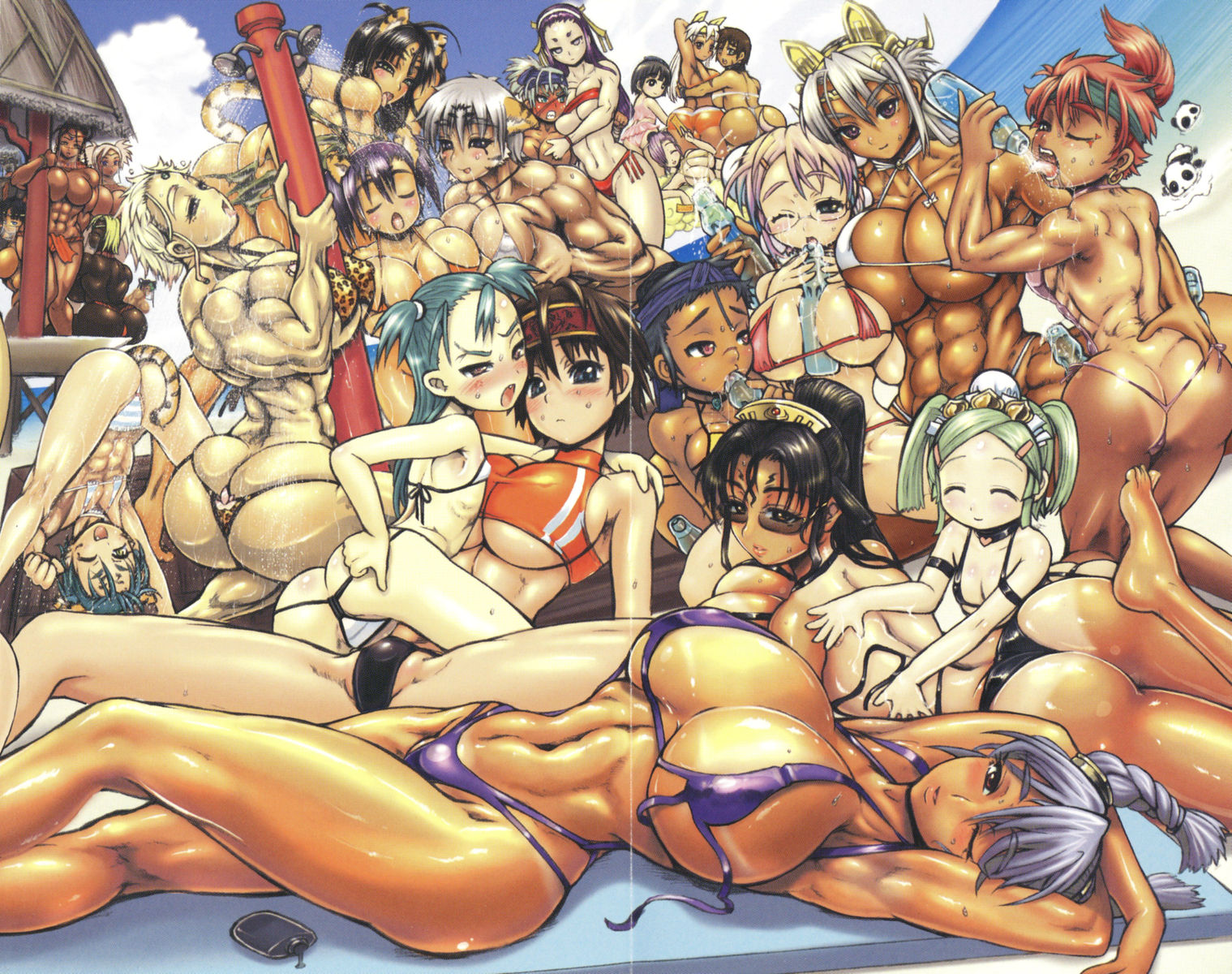 rebis, ass grab, breast hold, silver hair, highres, 6+girls, abs, animal ears, animal print, armpits, ass, back, backboob, backless panties, beach, between breasts, bikini, blue hair, blush, bottle, breast press, breasts, butt crack, cat tail, curvy, dark-skinned female, dark skin, flat chest, glasses, green hair, headband, highleg, highleg bikini, hug, huge ass, huge breasts, large breasts, leopard print, loli, long hair, lotion, lowleg, lowleg bikini, lying, multiple girls, muscular, muscular female, one eye closed, panties, purple hair, red hair, short hair, showering, side-tie bikini bottom, striped bikini, striped clothes, sunglasses, swimsuit, tail, tan, tankini, tanline, thong, thong bikini, tongue, underwear, v-string, wink