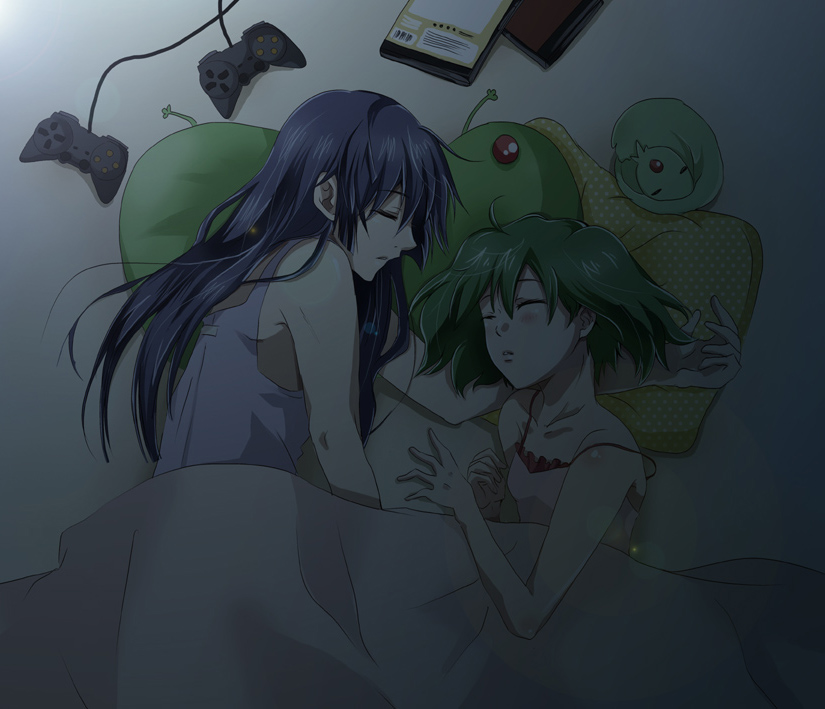 gen (enji), ai-kun, ranka lee, saotome alto, vajra (macross), macross, macross frontier, bad id, bad pixiv id, 00s, 1boy, 1girl, blanket, blue hair, closed eyes, controller, couple, game controller, green hair, hetero, pillow, sleeping, strap slip