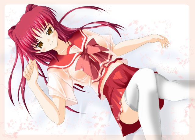 kousaka tamaki, to heart (series), to heart 2, 00s, blush, brown eyes, cherry blossoms, dutch angle, long hair, lying, midriff, navel, red hair, school uniform, serafuku, smile, solo, thighhighs, white thighhighs, zettai ryouiki