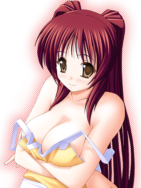 kousaka tamaki, to heart (series), to heart 2, 00s, apron, bare shoulders, blush, breasts, brown eyes, cleavage, large breasts, long hair, naked apron, red hair, smile, solo, wardrobe malfunction