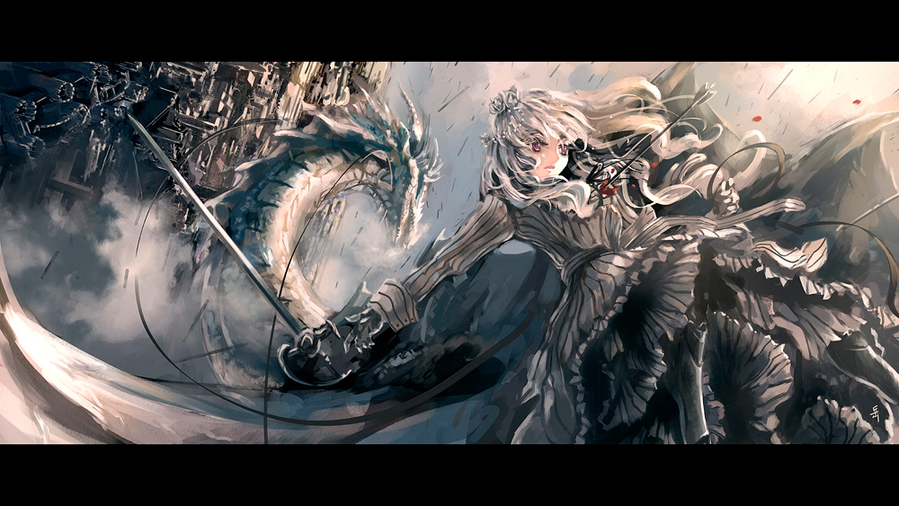 archlich, original, 1girl, armor, arrow (projectile), blood, dragon, dress, fantasy, female focus, hair ornament, letterboxed, long hair, rapier, red eyes, solo, sword, weapon, white hair