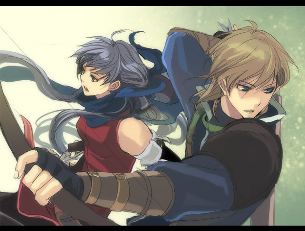 hanakago, leonardo (fire emblem), micaiah (fire emblem), fire emblem, fire emblem: radiant dawn, nintendo, silver hair, 1boy, 1girl, blonde hair, blue eyes, blue scarf, bow (weapon), couple, gloves, letterboxed, long hair, scarf, simple background, weapon, yellow eyes