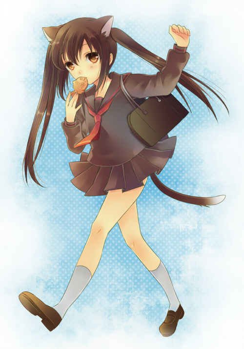 tourin fuwa, nakano azusa, k-on!, 00s, 1girl, animal ears, bag, black hair, brown eyes, cat ears, cat girl, cat tail, eating, female focus, fish, food, full body, gradient background, legs, long hair, school uniform, skirt, socks, solo, tail, taiyaki, twintails, wagashi