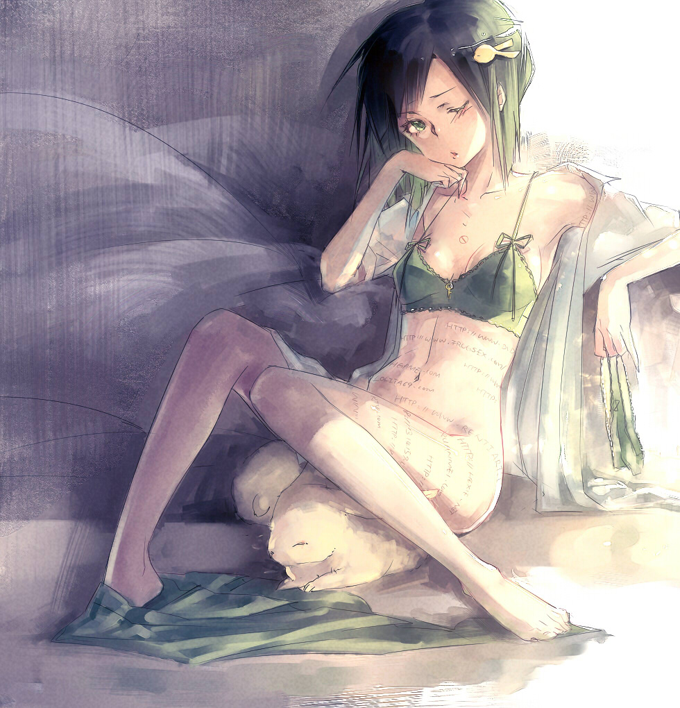 kieta, green dam, green dam girl, os-tan, 1girl, armpits, barefoot, body writing, bottomless, feet, female focus, green eyes, green hair, hair ornament, hairclip, key, legs, lingerie, long legs, matching hair/eyes, navel, one eye closed, open clothes, open shirt, personification, rabbit, shirt, solo, underwear, white shirt, wink