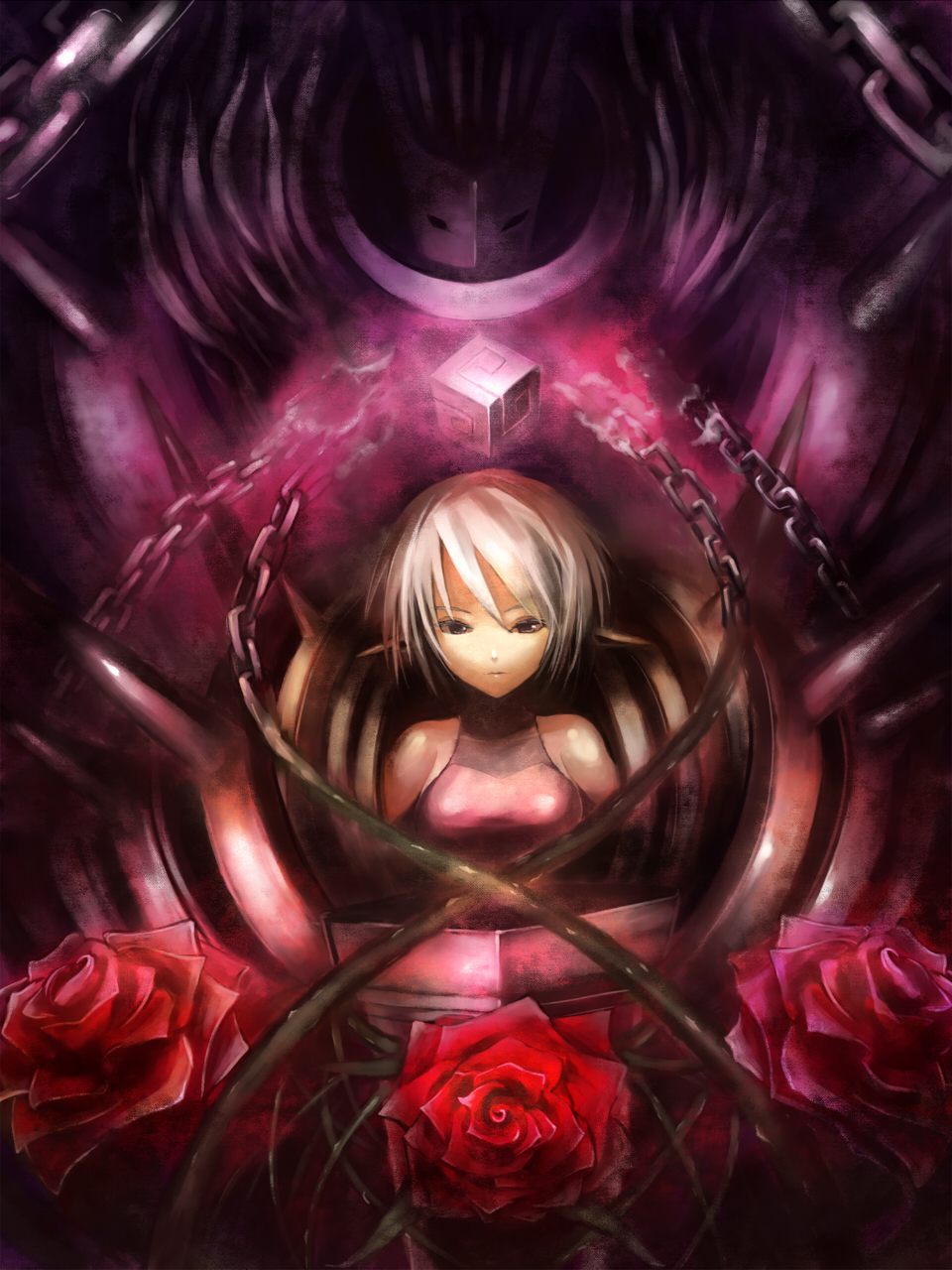 edobox, artemisia (pixiv fantasia), pixiv fantasia, pixiv fantasia 2, highres, 1girl, armor, chain, elf, female focus, flower, pointy ears, short hair, solo, white hair