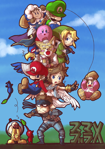 falco lombardi, fox mccloud, ice climbers, kirby, link, luigi, mario, meta knight, nana (ice climber), olimar, pit (kid icarus), popo (ice climber), solid snake, ice climber, kid icarus, kirby (series), mario (series), metal gear (series), metal gear solid, nintendo, pikmin (series), star fox, super mario bros. 1, super smash bros., the legend of zelda, 6+boys, blonde hair, blue eyes, brown hair, cape, facial hair, furry, furry male, gloves, hat, headband, helmet, male focus, mallet, mask, multiple boys, mustache, pikmin (creature), smile, wings, yellow eyes