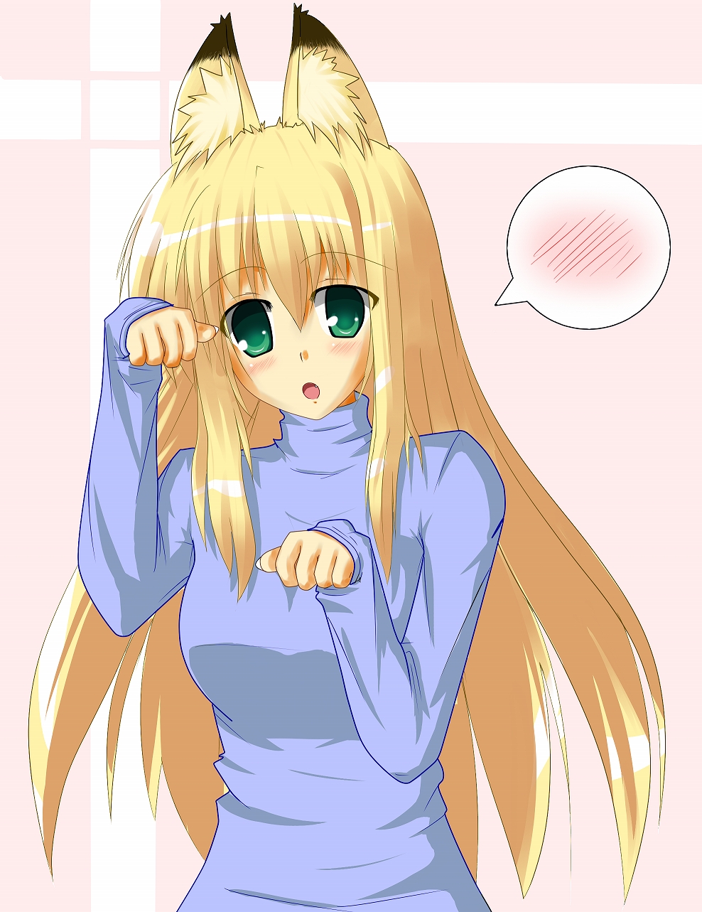 kitsuneno yuzuma, yuzukan, original, bad id, bad pixiv id, highres, 1girl, animal ears, blonde hair, blush, female focus, fox ears, green eyes, long hair, paw pose, solo