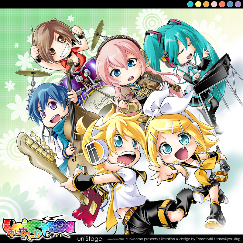 kitano tomotoshi, hatsune miku, kagamine len, kagamine rin, kaito (vocaloid), megurine luka, meiko (vocaloid), vocaloid, 2boys, 4girls, aqua eyes, aqua hair, blonde hair, blue eyes, blue hair, brown eyes, brown hair, chibi, detached sleeves, double bass, drum, fang, guitar, hair ornament, hair ribbon, hairclip, headphones, headset, instrument, long hair, microphone, multiple boys, multiple girls, necktie, pink hair, ribbon, short hair, shorts, smile, thighhighs, violin