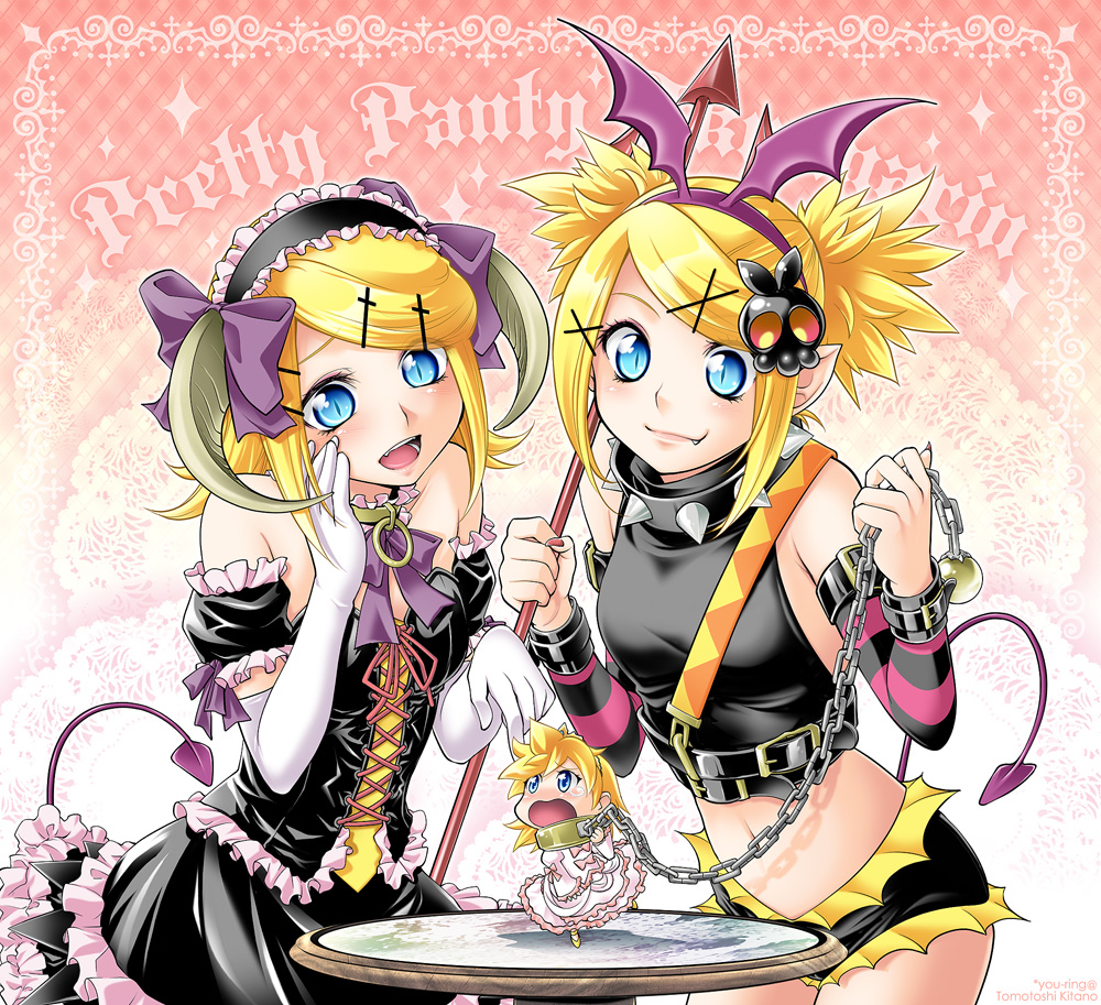 kitano tomotoshi, kagamine len, kagamine rin, pretty panties akuma rin (vocaloid), vocaloid, striped, 1boy, 1girl, bat wings, blonde hair, blue eyes, brother and sister, chain, collar, dress, fang, hair ornament, hair ribbon, hairclip, headband, horns, midriff, mini person, miniboy, ribbon, short hair, shorts, siblings, smile, spiked collar, spikes, tail, twins, twintails, wings