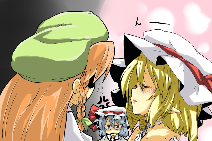 ariyoshi gen, flandre scarlet, hong meiling, remilia scarlet, embodiment of scarlet devil, touhou, bad id, bad pixiv id, 3girls, angry, blonde hair, blue hair, blush, braid, closed eyes, fang, female focus, hat, multiple girls, orange hair, pointy ears, sweatdrop