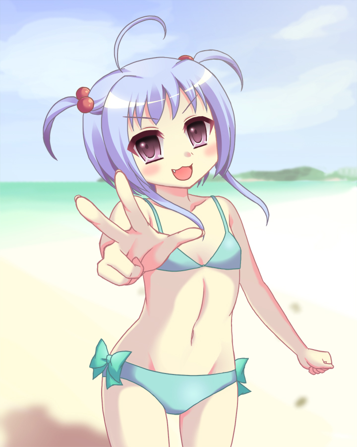 1girl, ahoge, beach, bikini, day, fang, female focus, flat chest, solo, swimsuit, v