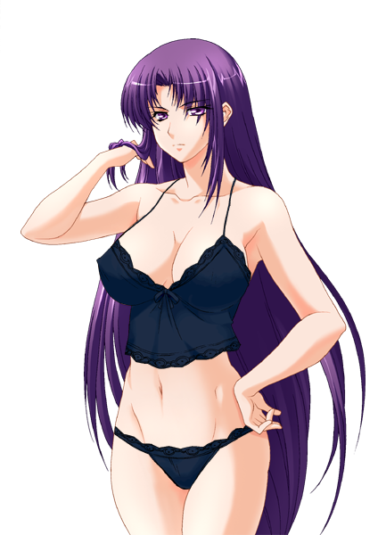 1girl, breasts, covered erect nipples, female focus, large breasts, lingerie, long hair, navel, panties, purple eyes, purple hair, simple background, solo, standing, underwear, very long hair, white background