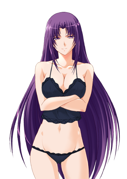 tagme, 1girl, arms under breasts, breasts, covered erect nipples, crossed arms, female focus, large breasts, lingerie, long hair, naughty face, navel, panties, purple eyes, purple hair, simple background, solo, standing, underwear, very long hair, white background