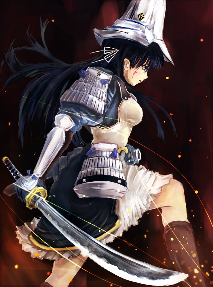 nagamine (catoko), uesugi kenshin (rance), rance (series), sengoku rance, 1girl, black hair, blood, female focus, katana, solo, sword, weapon