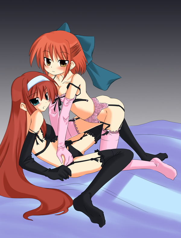 gin (shioyude), kohaku (tsukihime), tohno akiha, toono akiha, vermillion akiha, tsukihime, 00s, 2girls, bare shoulders, bed, blush, bra, elbow gloves, feet, garter belt, gloves, lingerie, multiple girls, no panties, panties, strap slip, thighhighs, underwear, underwear only, yuri