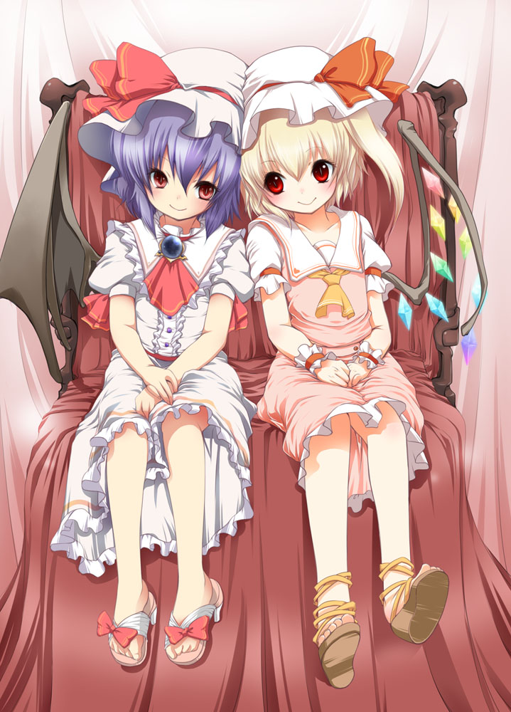 fujisaki hikari, flandre scarlet, remilia scarlet, touhou, 2girls, bat wings, blonde hair, blue hair, child, female focus, hat, multiple girls, one side up, ponytail, red eyes, sandals, short hair, siblings, side ponytail, sisters, sitting, smile, wings, wrist cuffs