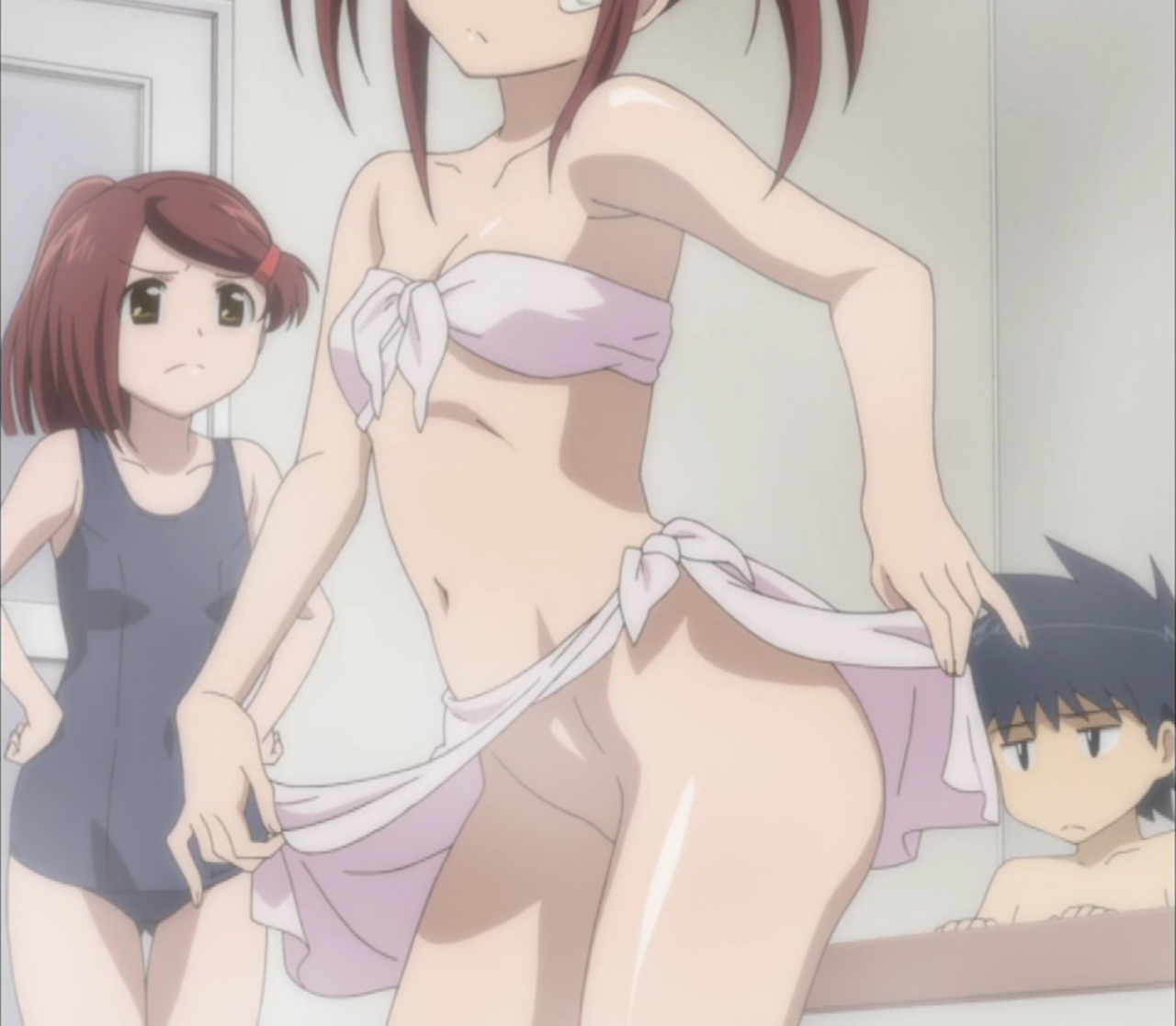suminoe ako, suminoe keita, suminoe riko, kissxsis, interior, anime screenshot, 00s, 1boy, 2girls, armpits, bare shoulders, bath, bottomless, brown hair, front-tie top, groin, hair ornament, hairclip, indoors, mixed-sex bathing, multiple girls, no panties, one-piece swimsuit, school swimsuit, shared bathing, siblings, sisters, standing, swimsuit, towel, towel around waist, twins