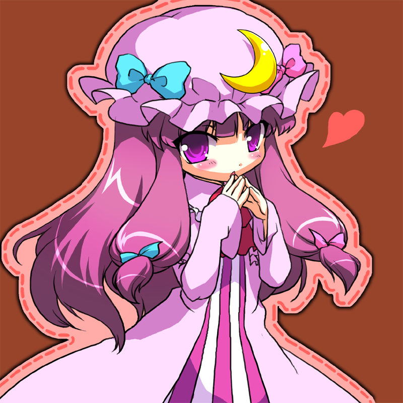 kajo, patchouli knowledge, touhou, bad id, bad pixiv id, 1girl, bow, crescent, female focus, hair ribbon, hat, heart, long hair, pink bow, purple eyes, purple hair, ribbon, solo
