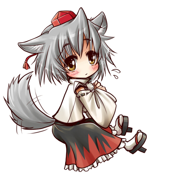 kei (pixiv), kei kei, inubashiri momiji, touhou, 1girl, animal ears, chibi, detached sleeves, female focus, geta, hat, short hair, simple background, socks, solo, tail, tengu-geta, tokin hat, wolf ears, wolf tail, yellow eyes