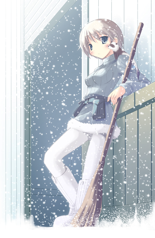 iwa (alpaca oukoku), nikka edvardine katajainen, brave witches, strike witches, world witches series, uniform, 00s, 10s, 1girl, blonde hair, blue eyes, blush, boots, broom, female focus, pantyhose, short hair, snow, solo, white pantyhose