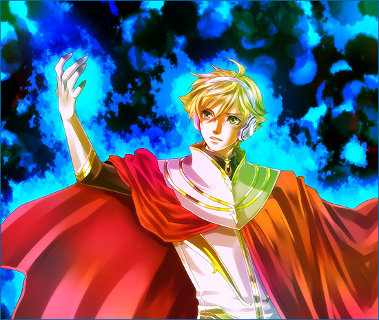 chiru (pixiv66277), chiru (sanifani), jomy marquis shin, toward the terra, 1boy, blonde hair, cape, gloves, headphones, male focus, solo