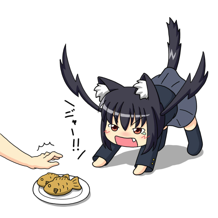 yunkaasu (kakushiaji), nakano azusa, k-on!, 00s, 1girl, all fours, animal ears, black hair, blush, brown eyes, cat, cat ears, cat tail, fang, female focus, food, nyan, school uniform, solo, tail, taiyaki, twintails, wagashi