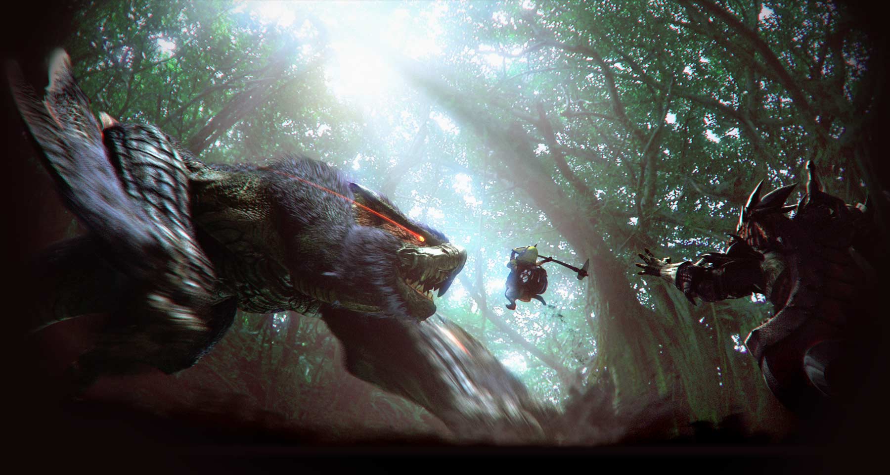 felyne, nargacuga, capcom, monster hunter (series), highres, 1boy, armor, black hair, cat, forest, monster, nature, rathalos (armor), red eyes, sword, tree, weapon