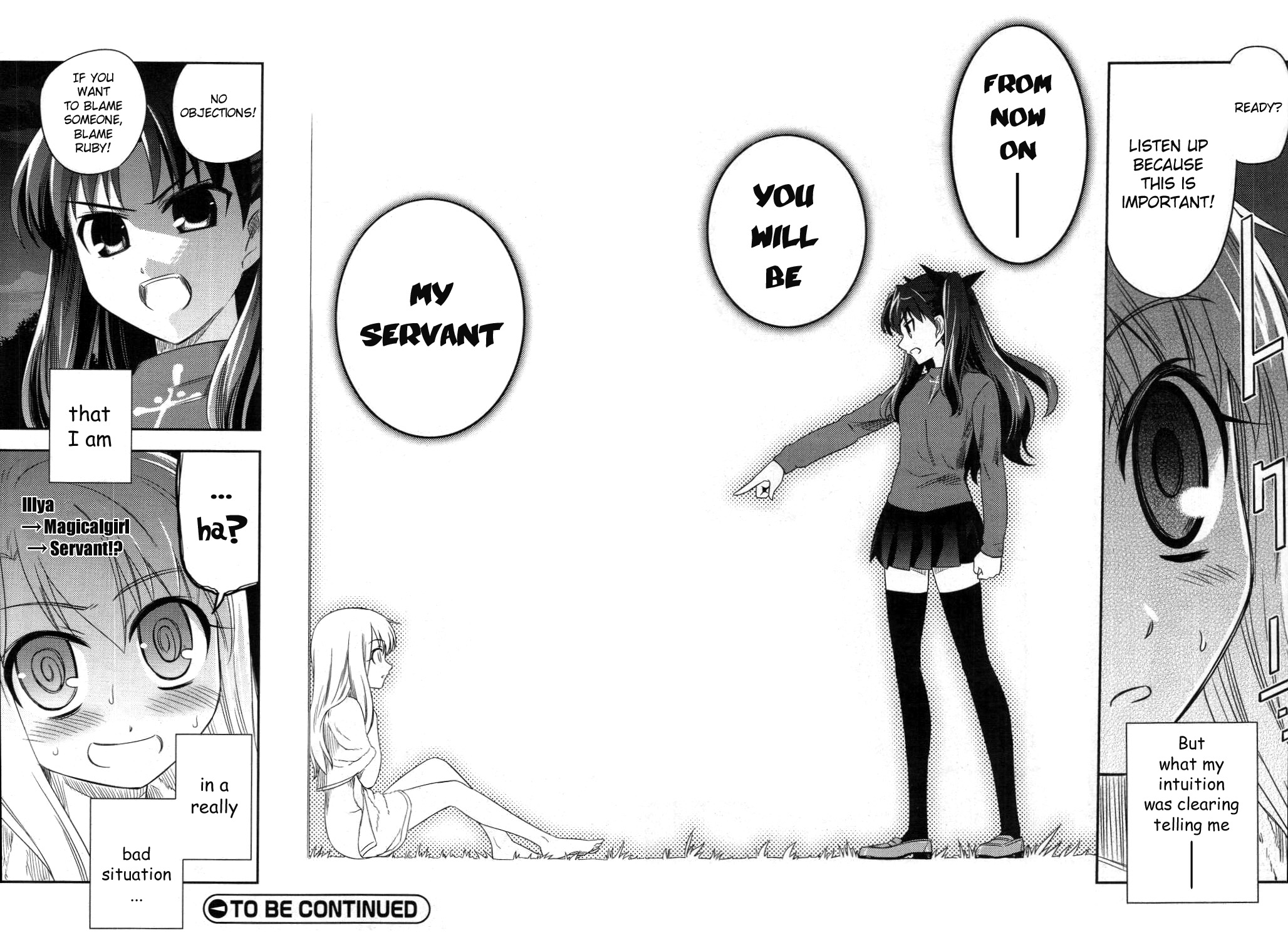 hiroyama hiroshi, illyasviel von einzbern, tohsaka rin, fate/kaleid liner prisma illya, fate/stay night, fate (series), type-moon, hard-translated, highres, third-party edit, translated, 00s, 2girls, @ @, are you my master, barefoot, blush, greyscale, long legs, monochrome, multiple girls, sweatdrop, thighhighs, zettai ryouiki