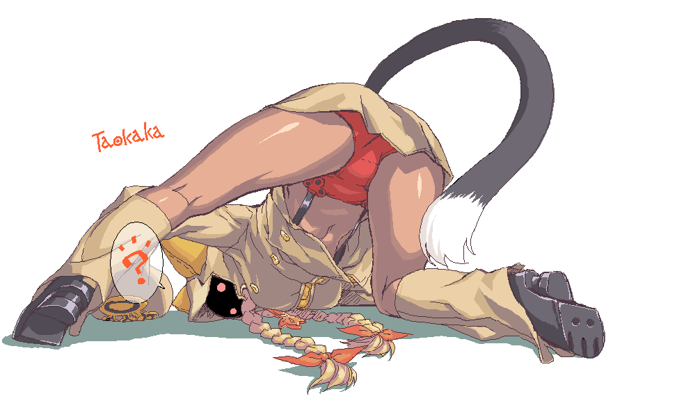 212 (kisaragi), taokaka, arc system works, blazblue, bad id, bad pixiv id, 1girl, ?, ass, braid, dark-skinned female, dark skin, female focus, heel-less shoes, platform shoes, shoes, solo, suspenders, tail, tan, top-down bottom-up, twin braids