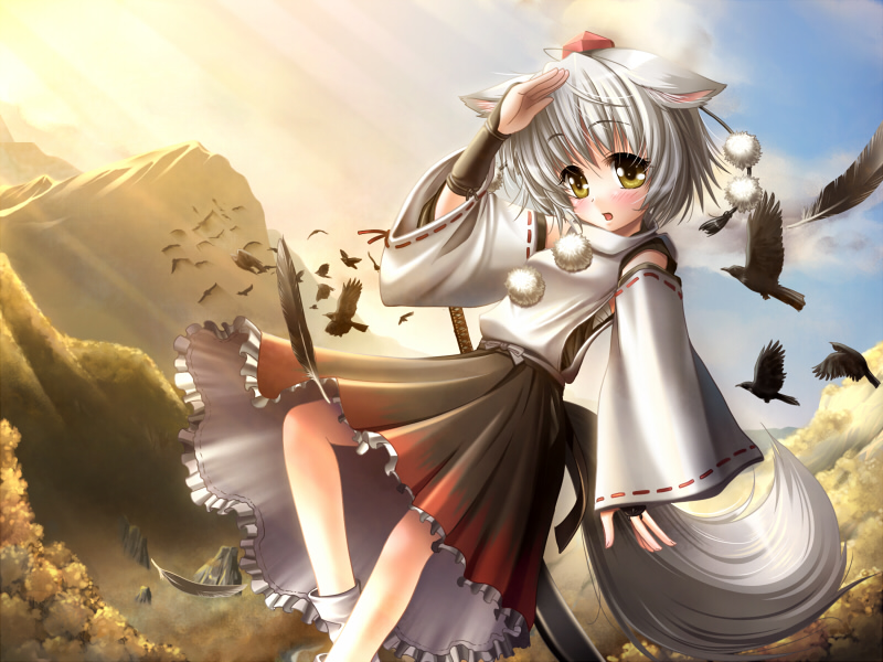 kei (pixiv), kei kei, inubashiri momiji, touhou, silver hair, 1girl, animal ears, bird, crow, detached sleeves, feathers, female focus, hat, mountain, socks, solo, sword, tail, tokin hat, weapon, wolf ears, wolf tail, yellow eyes