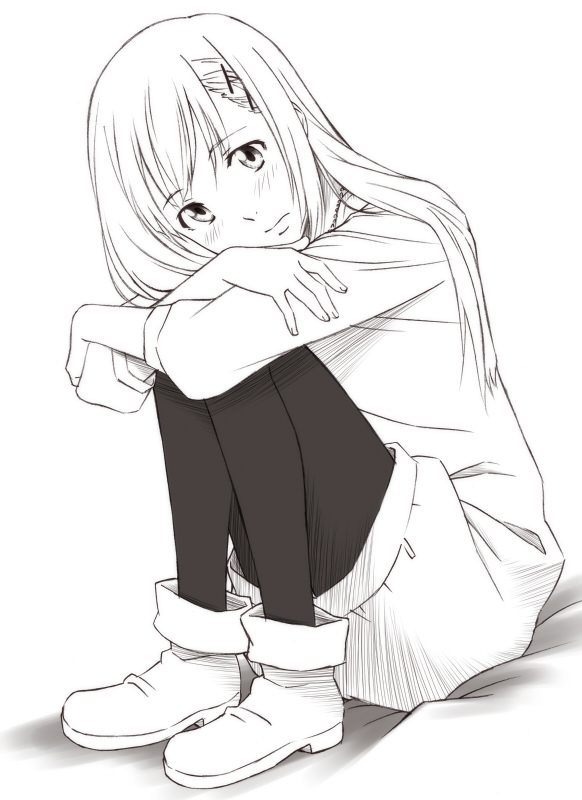 sawa jaaji, nitori shuuichi, hourou musuko, 1boy, androgynous, blush, crossdressing, crossdressing (mtf), greyscale, long hair, male focus, monochrome, pantyhose, sitting, solo, trap