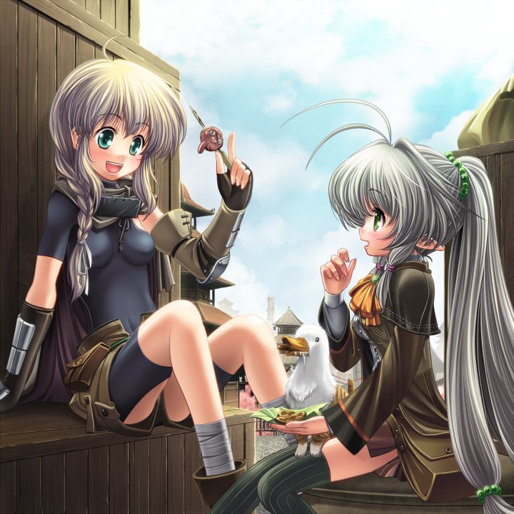 kei (pixiv), kei kei, pixiv fantasia, pixiv fantasia 3, silver hair, 2girls, animal, braid, brown hair, food, green eyes, long hair, multiple girls, pointy ears, ponytail, sitting, thighhighs, very long hair