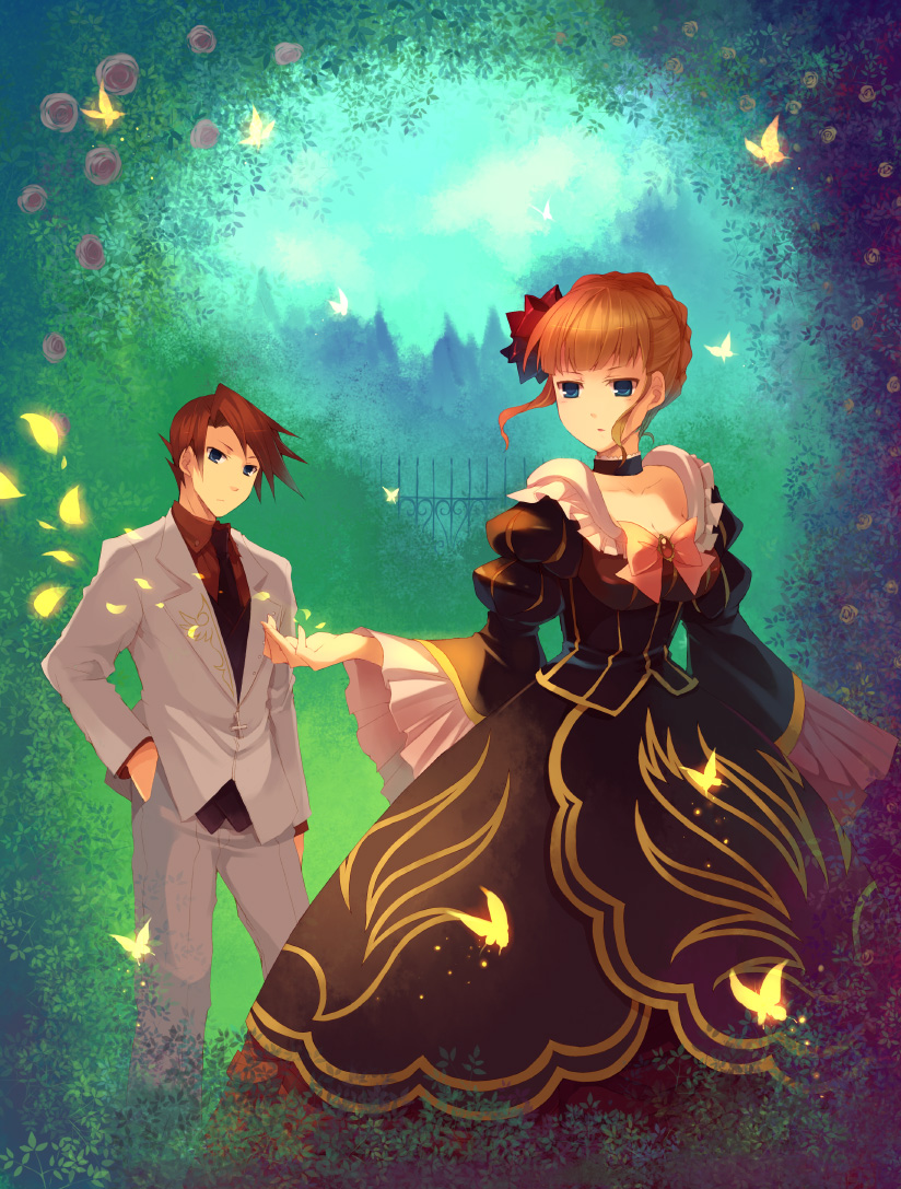 suzushiro kurumi, beatrice (umineko), ushiromiya battler, umineko no naku koro ni, 00s, 1boy, 1girl, blonde hair, blue eyes, bow, brown hair, bug, butterfly, choker, dress, insect, necktie, petals, pink bow