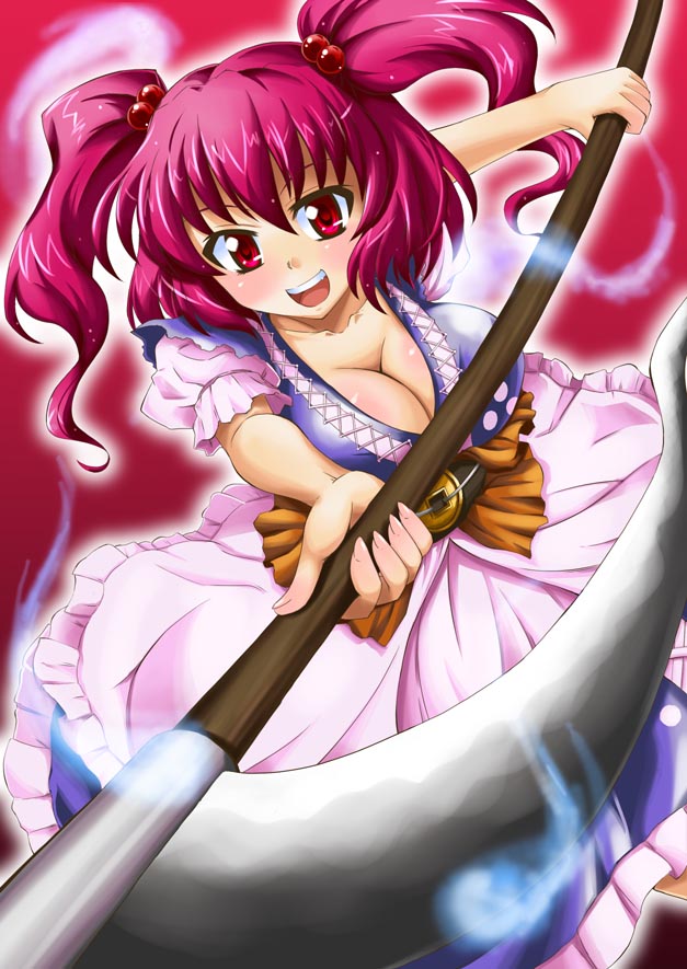 nikyu, nikyu2q (pixiv), onozuka komachi, touhou, 1girl, breasts, cleavage, female focus, hair bobbles, hair ornament, large breasts, red eyes, red hair, scythe, short hair, solo, twintails, two side up