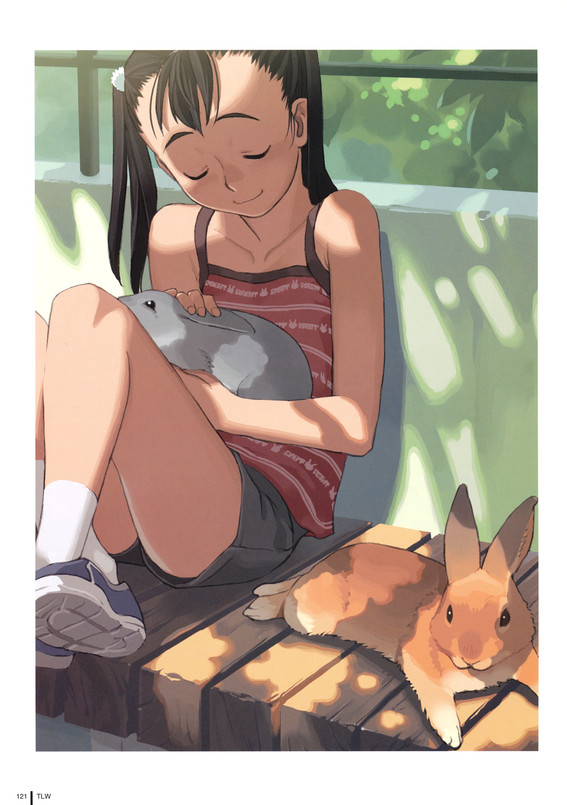 takamichi, absurdres, highres, 1girl, child, closed eyes, dappled sunlight, female focus, flat chest, rabbit, shorts, sitting, smile, solo, sunlight