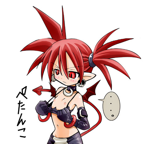 etna (disgaea), disgaea, nippon ichi, lowres, 1girl, bat wings, blush, bra, bra pull, bracelet, choker, clothes pull, demon girl, earrings, elbow gloves, female focus, flat chest, gloves, jewelry, lingerie, pointy ears, red eyes, red hair, solo, tail, twintails, underwear, wings