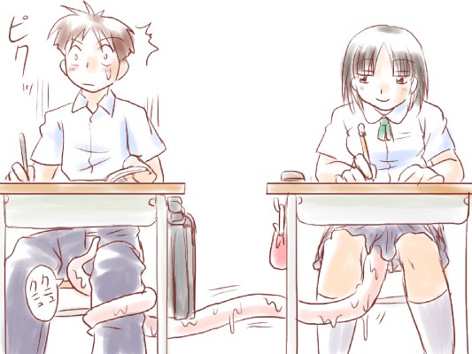 purple bonus, non-web source, source request, 1boy, 1girl, bag, black hair, brown hair, classroom, crotch rub, desk, femdom, hetero, indoors, monster girl, naughty face, rape, rubbing, school, school bag, school uniform, short hair, simple background, sitting, skirt, surprised, sweatdrop, tentacles, tentacles on male, white background, you gonna get raped