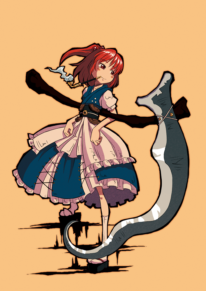 sonson (eleven), onozuka komachi, touhou, 1girl, alternate weapon, female focus, hair bobbles, hair ornament, kiseru, pipe in mouth, red eyes, red hair, scythe, short hair, smoking, smoking pipe, solo, tabi, twintails, two side up, weapon