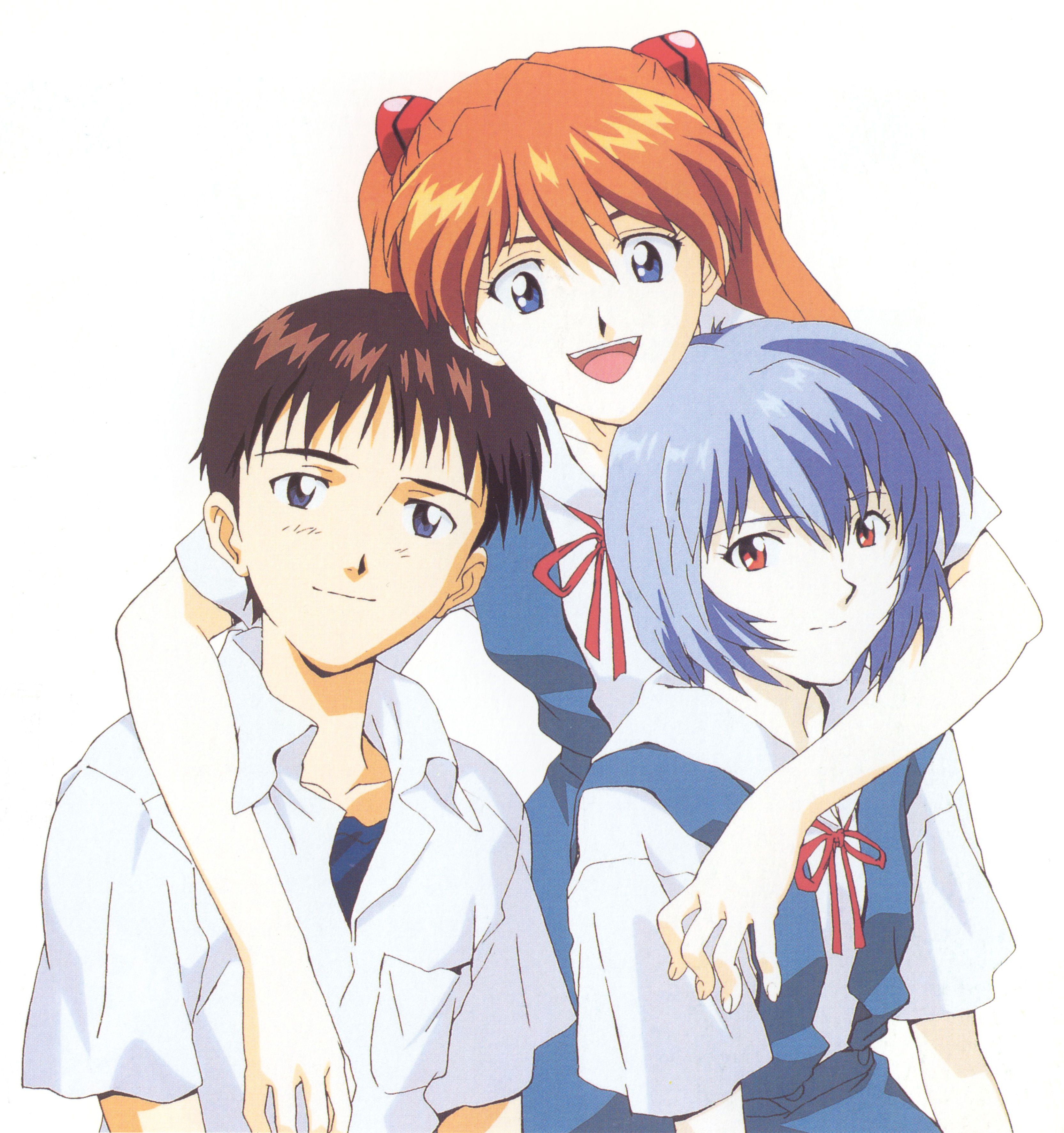 ayanami rei, ikari shinji, souryuu asuka langley, neon genesis evangelion, absurdres, cleaned, highres, official art, scan, 1boy, 2girls, blue eyes, blue hair, brown hair, multiple girls, red eyes, red hair, school uniform, short hair, smile, twintails
