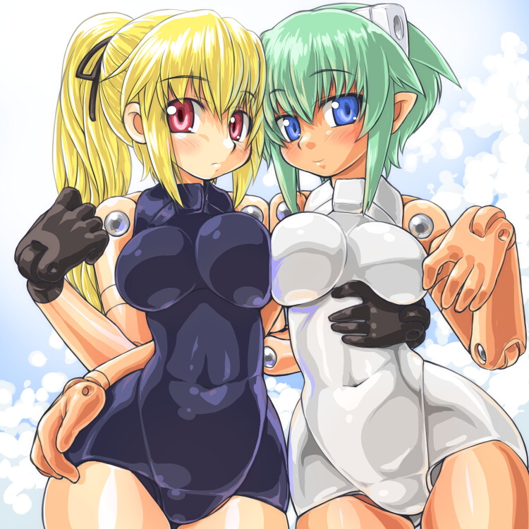 dd (ijigendd), arnval, strarf, busou shinki, bad id, bad pixiv id, 10s, 2girls, alternate costume, blonde hair, blue eyes, breasts, doll joints, green hair, high ponytail, joints, large breasts, mecha musume, multiple girls, pointy ears, ponytail, red eyes, side-by-side, wide hips