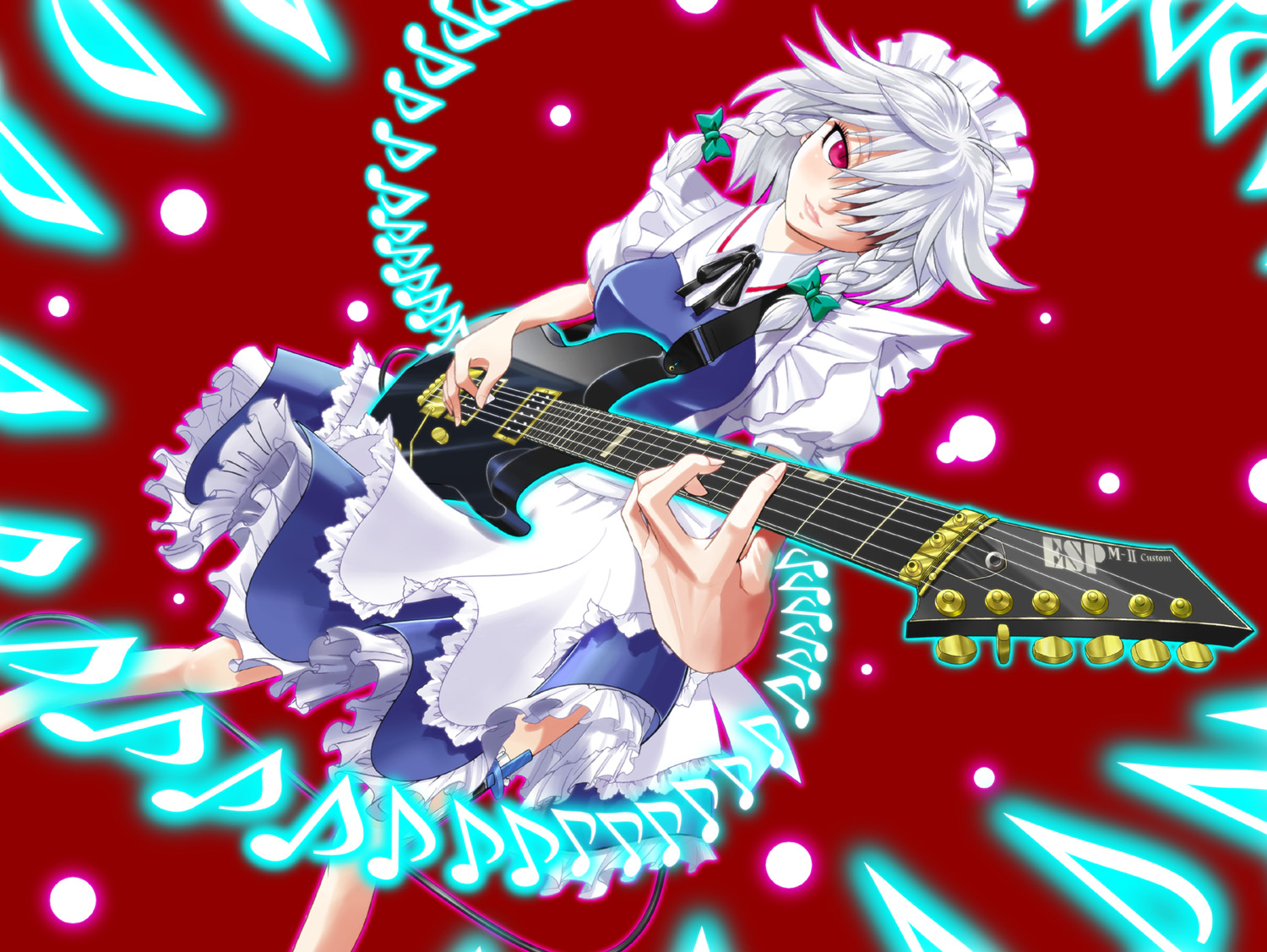 arashi, esp, hououji arashi, izayoi sakuya, touhou, 1girl, apron, braid, danmaku, female focus, guitar, instrument, maid, maid apron, musical note, red eyes, ribbon, short hair, solo, twin braids, white hair