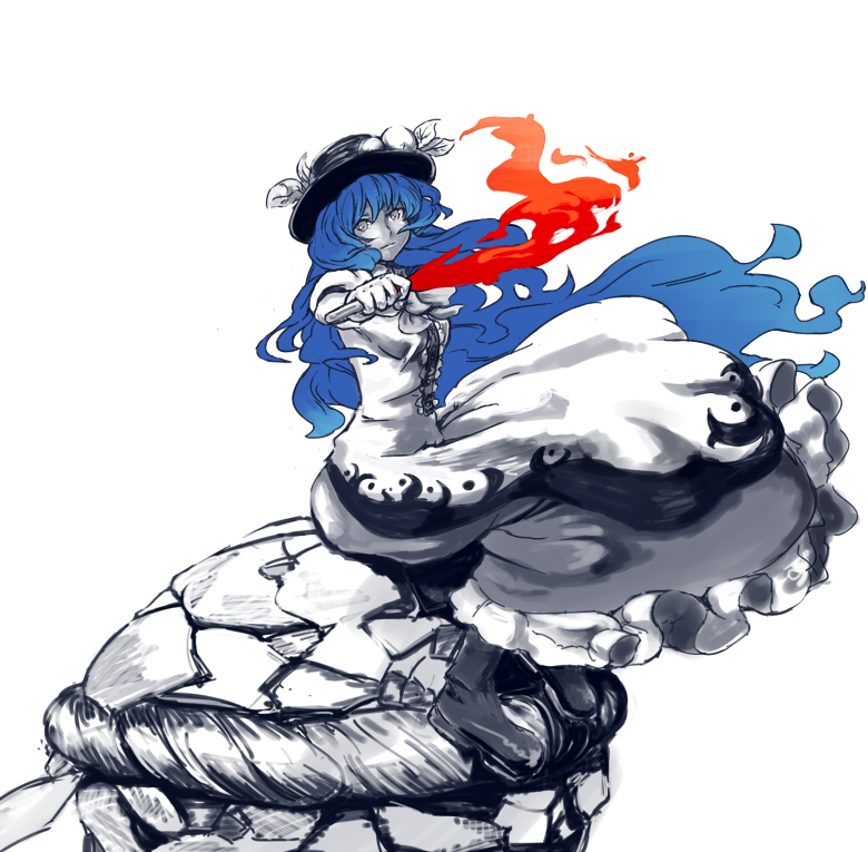 shibasaki shouji, hinanawi tenshi, touhou, bad id, bad pixiv id, 1girl, blue hair, female focus, fire, hat, kaname-ishi, long hair, monochrome, rope, shimenawa, simple background, sitting, solo, sword, sword of hisou, very long hair, weapon