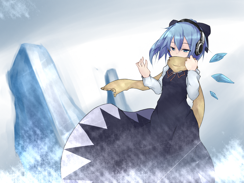 kazami mio yoru, kazami mioyoru, kazami ryouya, cirno, cirno-nee, perfect cherry blossom, touhou, bad id, bad pixiv id, 1girl, blue hair, female focus, headphones, ice, scarf, solo
