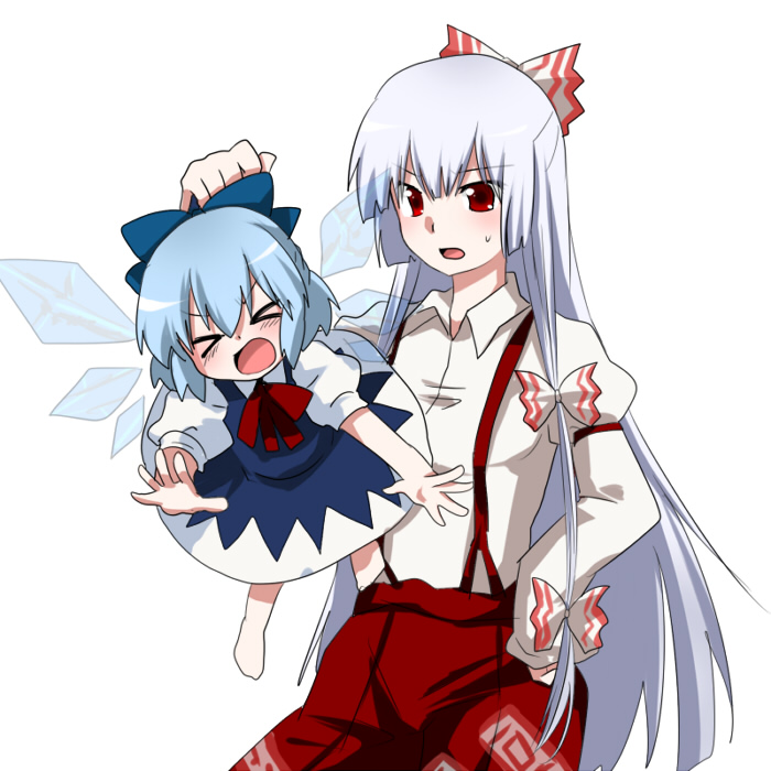 marimo danshaku, cirno, fujiwara no mokou, touhou, bad id, bad pixiv id, > <, 2girls, barefoot, blue hair, closed eyes, hair ribbon, hand on own hip, holding, long hair, multiple girls, open mouth, red eyes, ribbon, short hair, simple background, size difference, suspenders, wings