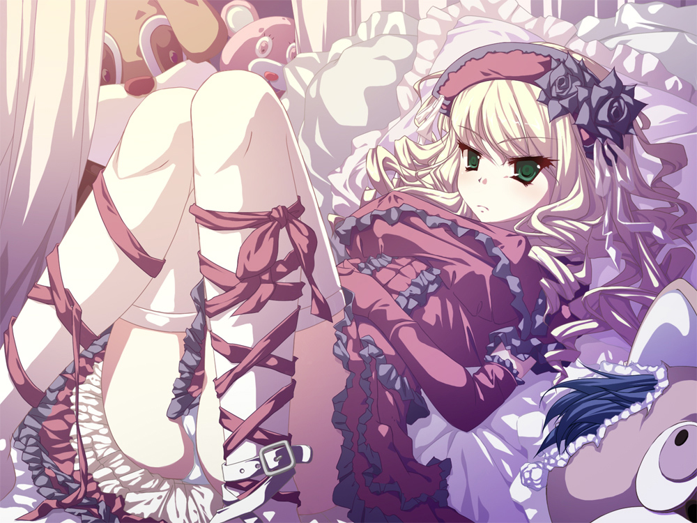 ichio, original, 1girl, bed, blonde hair, elbow gloves, female focus, frilled pillow, frills, gloves, gothic lolita, green eyes, hairband, lolita fashion, long hair, lying, panties, pillow, solo, thighhighs, underwear