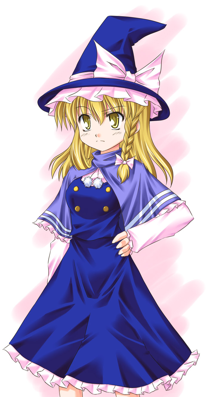 tora (artist), tora (gatling cat), tora (gatlingcat), kirisame marisa, subterranean animism, touhou, highres, 1girl, blonde hair, bow, braid, capelet, female focus, hair bow, hand on own hip, hat, hip focus, raised eyebrow, side braid, solo, witch, witch hat, yellow eyes